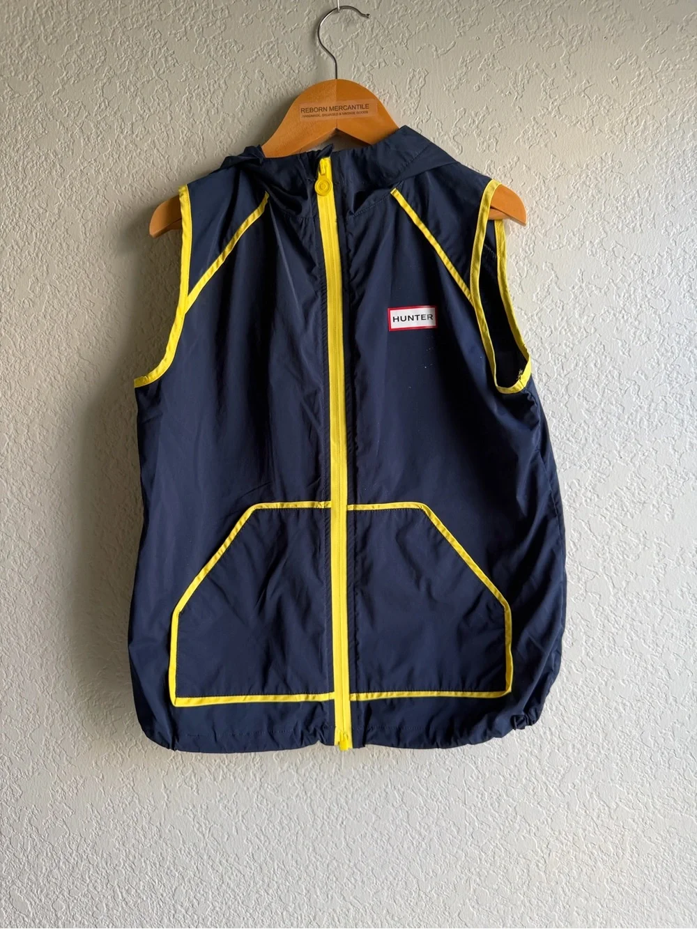 Hunter Navy Blue and Yellow Kids Hooded Rain Vest
